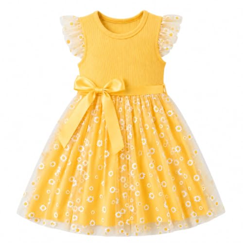 Toddler Dresses Flower Tulle Dress for Girls Size 5-6 Years Summer Ruffle Sleeveless Mesh Skirt Daisies Girl Dresses(Yellow-1,6T)