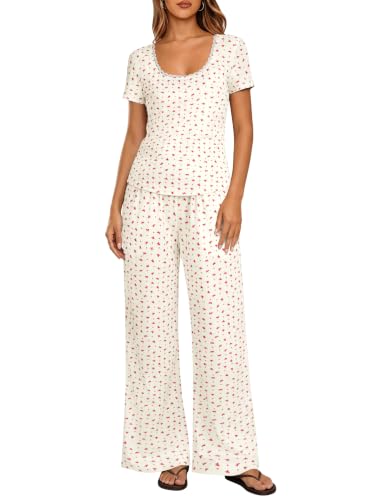 Braroz Pajamas for Women Set Lace Trim U Neck Short Sleeve T-Shirt & Long Pant with Pockets Ribbed Knit 2 Piece Lounge Sets Cream White‌ Bow M
