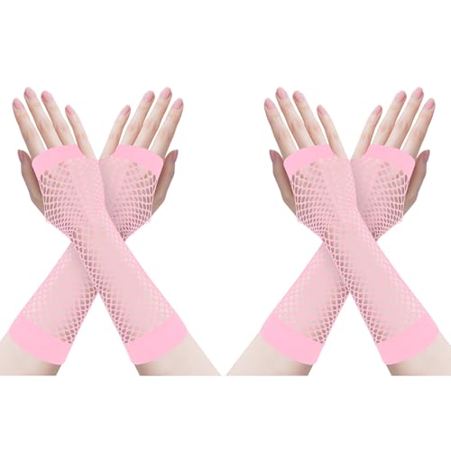 ZTVOWTO 2 Paar Fingerlose Netzhandschuhe, 80er 90er Fischnetz Handschuhe für Halloween, Weihnachten, Kostümpartys und Cosplay Zubehör(Lang Rosa)
