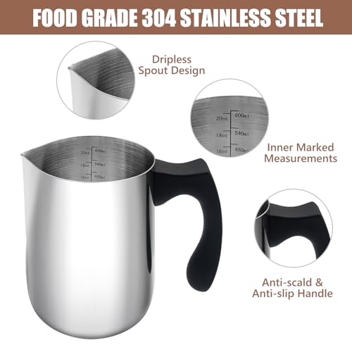 Milchaufschäumkrug, 600ml, Milchaufschäumer, 304 Edelstahl, Dampfkrug mit Kunststift, Milchkaffeekännchen mit hitzebeständigem Griff und Skala