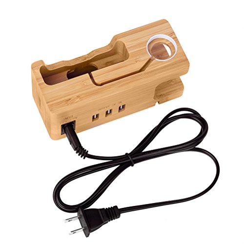 Wood Apple Watch Charging Stand，HBlife 3 USB Port 3.0 Hub Bamboo Charging Dock Station for 38mm and 42mm iWatch & iPhone X 8 6 6 Plus 5S 5 7 7 Plus and Most Smartphone