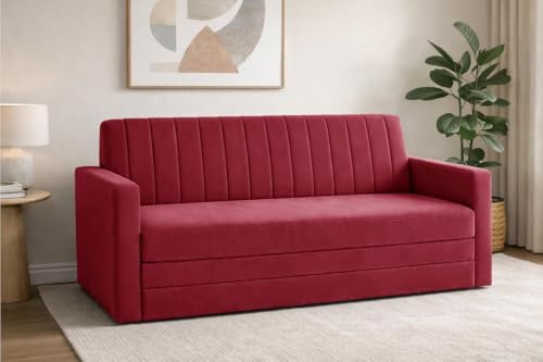 Image of Sofa-Cum-Bed | 3-Seater Foladable Sofa Couch with Armrest | Modern Fabric Sofa for Living Room, Bedroom & Office-Red-Color