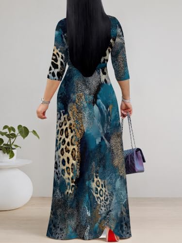 Image of PinkPatty Plus Size Maxi Dress for Women Casual V Neck 3 /4 Sleeve Boho Printed Long Dress with Pockets