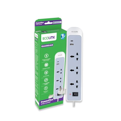 Image of EcoLink PowerPlus 3-Socket 6A Extension | Dual USB-A & USB-C Fast Charging Ports | Compact, Portable & Safe Power Strip | Home, Office & Travel | Overload & Short Circuit Protection | pack of 1