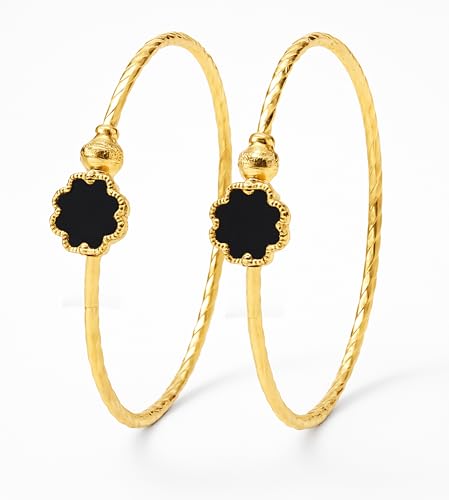 Image of Gold Plated Heart Bangle Bracelet, Twisted Rope Design with Black and Crystal Accent, Adjustable Cuff Style, Fashion Jewelry for Women