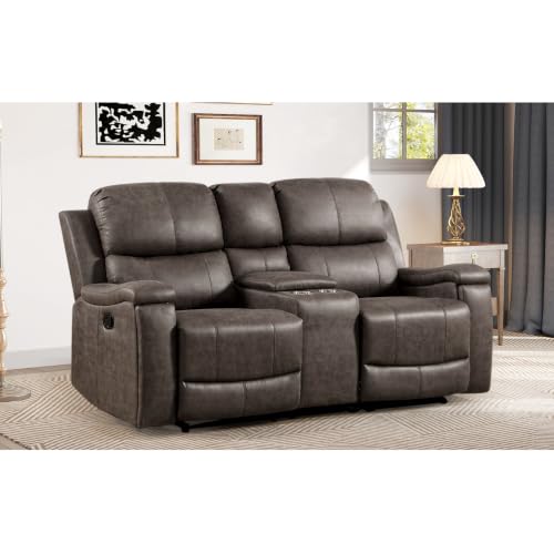 Image of CANMOV Manual Reclining Loveseat Sofa with Console,Faux Leather Double Recliner Loveseat Sofa with Hidden Storage and Cup Holders,Manual Recliner Loveseat Couch Set for Living Room,Grey