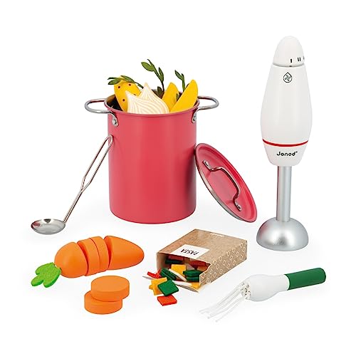 Janod - Kit de Sopa Infantil - 43 Accesorios de Madera FSC, Cartón y Fieltro - Juguete de Imitación - A Partir de 3 Años, J06634