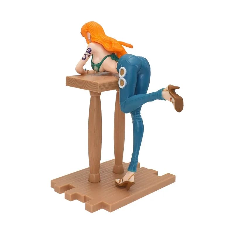 Image of One Piece Nami Grandline Journey Style Action Figure | 17cm Nami Figure Leaning Pose in Green Bikini & Tight Blue Jeans with Wooden Base Figure for Table & Desk Decor, Gift For Anime Fans