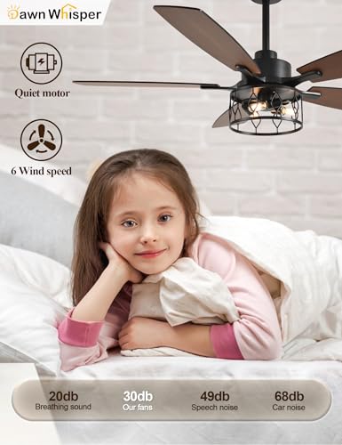 Image of Dawn Whisper 52 Inch Black Ceiling Fans with Lights Farmhouse Ceiling Fan with Remote for Bedroom Living Room Caged Classic Chandelier Fan for Indoor(NO Bulbs