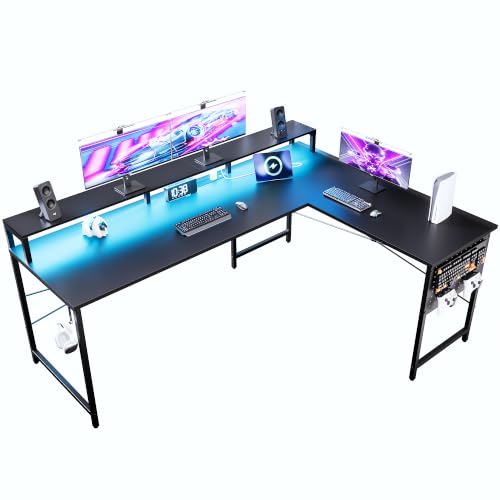 Pamray 64 Inch L Shaped Gaming Desk with Power Outlets and Led Lights, Large Corner Computer Desk with Monitor Stand and Pegboard, PC Table for Home Office and Bedroom Black