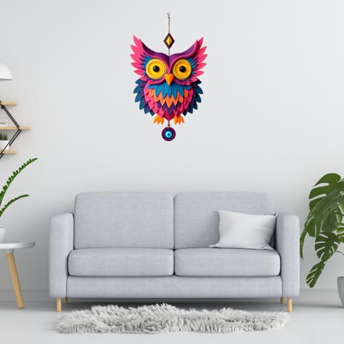 Image of GiftOday Owl Shape Wooden Wall Hanging For Home Decor | Evil Eye Design Decoration Livingroom, Dining Room | Modern Artwork | Designer Mdf Item | Wall Hanging Ornament Door Decorative (16 x 45 CM)
