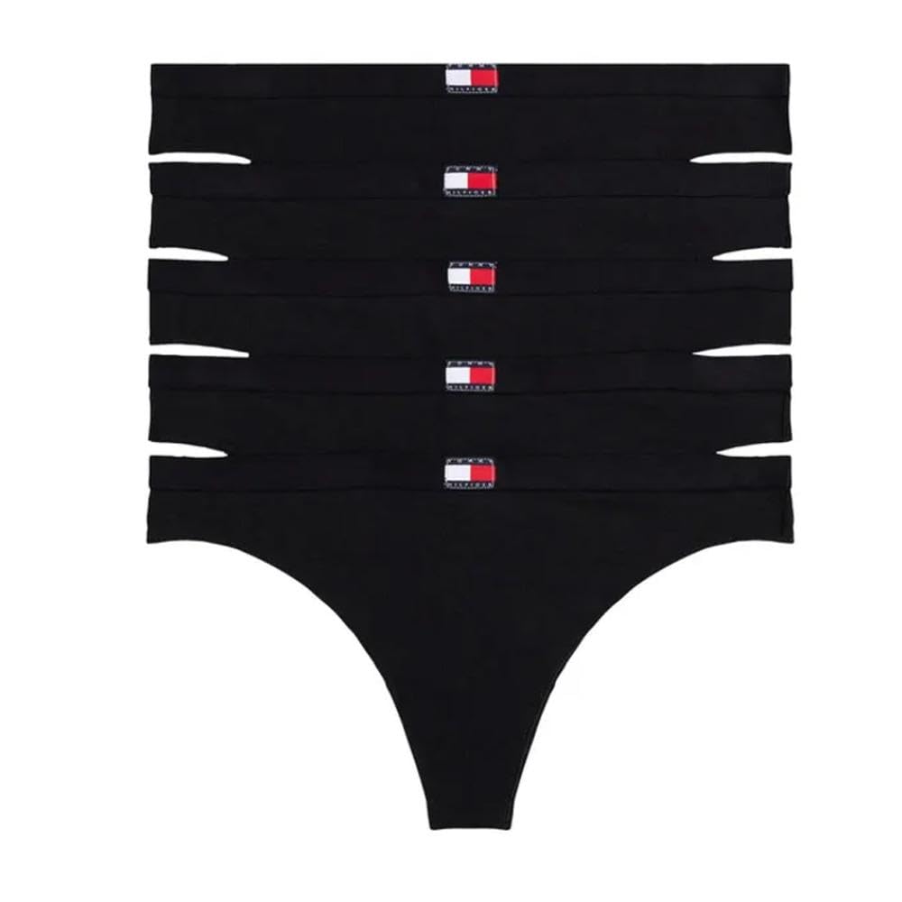Tommy Hilfiger Women's 5 Pack Flag Thongs with Logo, Black (Black Pack), L