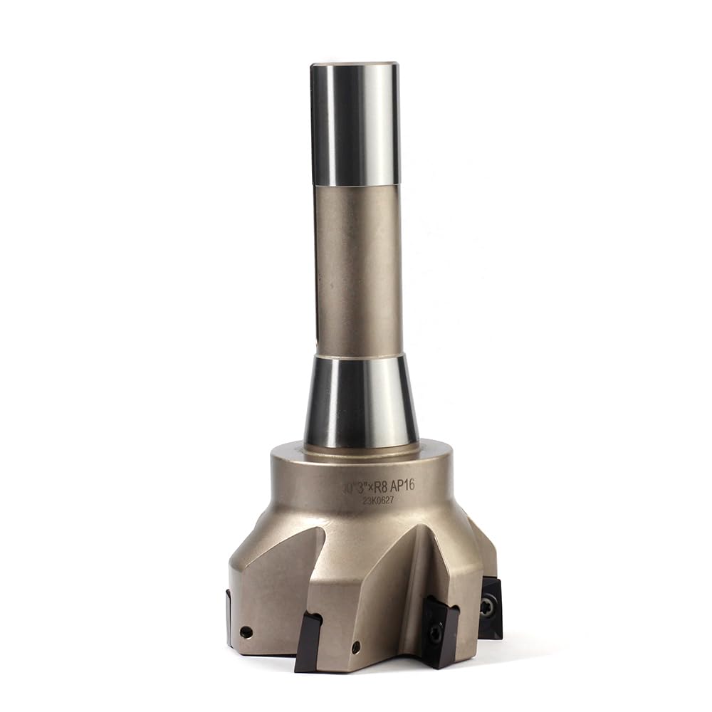 Nickel Plated Indexable End Mill with 6 Pcs APKT1604 Carbide Inserts, 3"Cutting Diameter, 90 Degree, R8 Shank, 6 Flutes