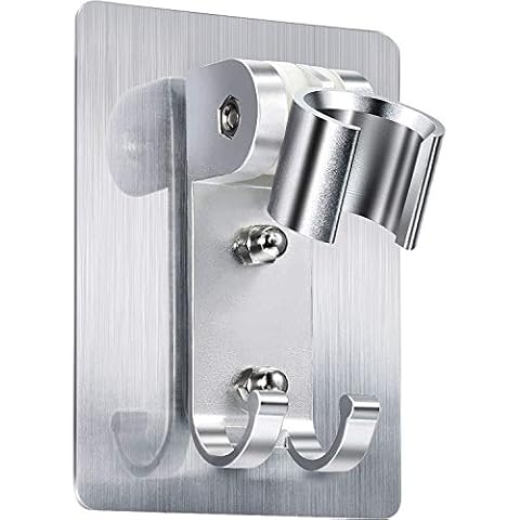 Shower Head Holder Strong Adhesive Shower Head Wall Mounting Bracket Adjustable Shower Wand Holder with 2 Hanger Hooks No Drill Need for Marble Glass Metal Ceramic Cover