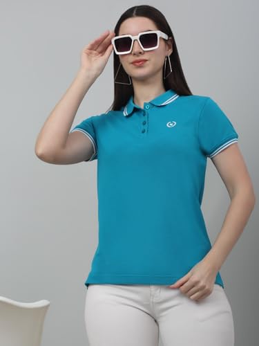 Image of Cantabil Women's Cotton Blend Solid Polo Neck T-Shirt (Regular Fit)