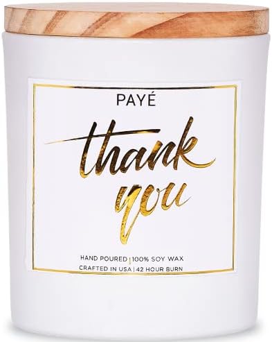 PAYÉ Thank You Candle 100% Hand Poured Soy Wax All Natural Sea Salt & Orchid Fragrance - Large 10oz White Glass Jar - Wooden Lid - Gift for Women and Men Includes Palo Santo - Handmade - 42 Hour Burn
