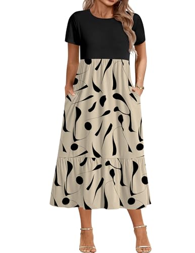 Image of IN'VOLAND Women Plus Size Short Sleeve Dress Loose Plain Casual Summer Flowy Tiered Long Maxi Dresses with Pockets