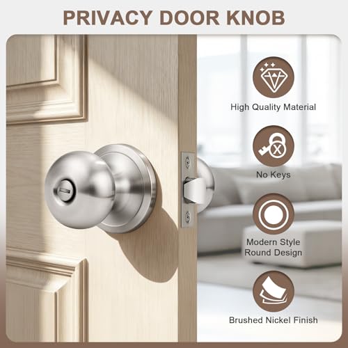 Lepushom 1 Pack Privacy Door Knob with Lock Brushed Nickel, Keyless Door Knob Interior for Bedroom and Bathroom, Easy Install Round Knob for Standard Doors by Lepushom - Used condition - Image 2