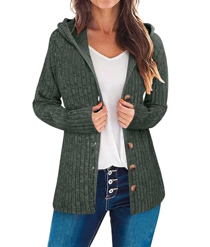 Bosmeer Sweaters for Women Long Sleeve Button Up Womens Cardigans Going Out Outfits Loose Fit Lightweight Fall Overcoat Dressy Casual Green Large