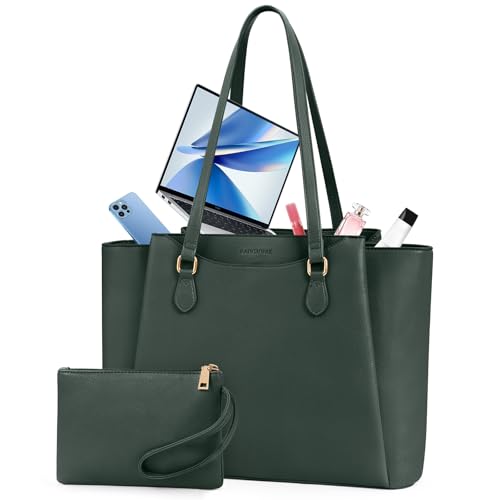 RAINSMORE Handtasche Damen 15,6 Zoll, Shopper Tasche Tote Bag Damen Groß mit Clutch, PU Leder Aktentasche Laptoptasche für Business, Schule, Arbeit, Dunkelgrün