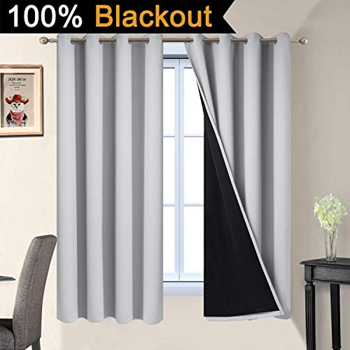 Image of Yakamok 100% Blackout Lined Panels, Thermal Insulated Blackout Curtains for Bedroom, Heat Blocking Drapes for Living Room(52Wx63L, Light Grey, 2 Panels)