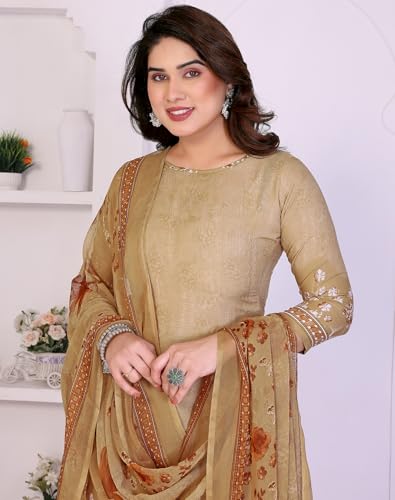 Image of Yashika Women's Printed Dress Material - Unstitched Crepe Fabric Kurti, Pants & Dupatta Set