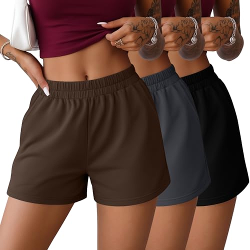 JoyMotion 3 Pack Womens Sweat Shorts Lounge Comfy Athletic Shorts Elastic Waist Summer Workout Casual Pants with Pockets(Black Dark Gray Dark Brown Small)