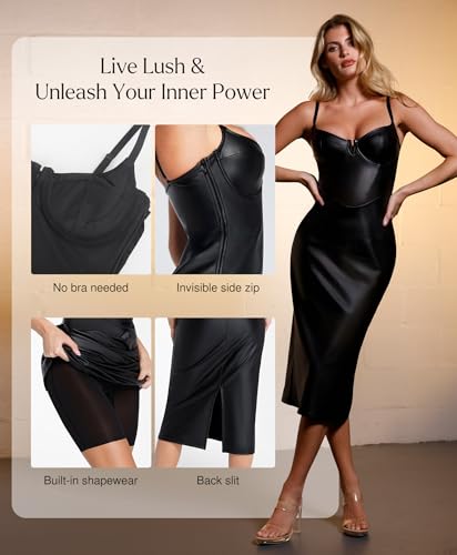Popilush Corset Shapewear Dress Faux Leather Club Midi Dress V Neck Night Out Bodycon Dresses for Women4