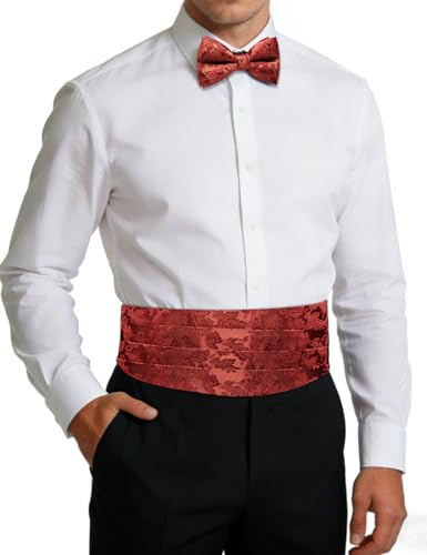 Image of Paisley Floral Tuxedo Cummerbund Bow Tie Pocket Square Set for Men | 3-piece set:cummerbund,bow tie&pocket square.Adjustable back for comfort.Silk blend,wedding,proms,black tie&formal events.