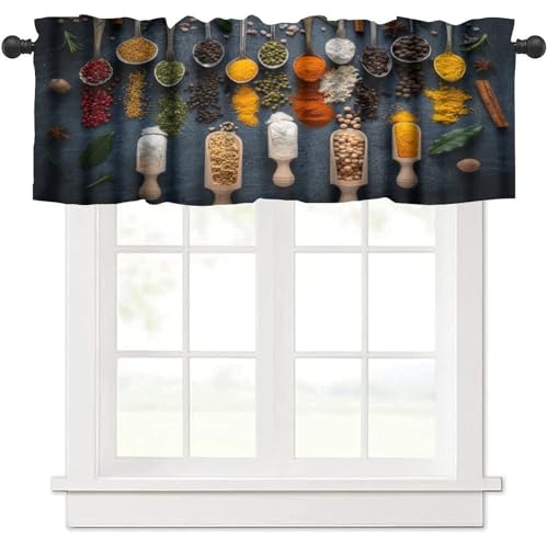 Image of JADERYS Spice Kitchen Valance Curtains Retro Rustic Colorful Herbs Spices Food Spoons Art Print Rod Pocket Curtain Valance for Bedroom Living Room Decor 1 Panel W54xL18 Inch