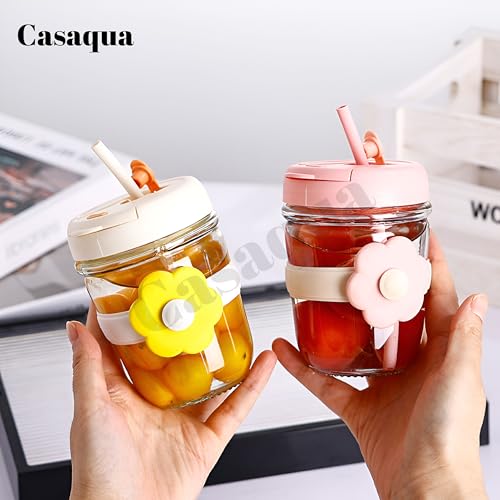 Image of Glass Tumbler with Lid & Straw - 300ml, Set of 1, Cute Daisy Glass Cup with Silicone Sleeve, Leakproof Reusable Drinking Glass for Iced Coffee, Juice, Milk, Smoothies & Tea, Travel Sipper Cup