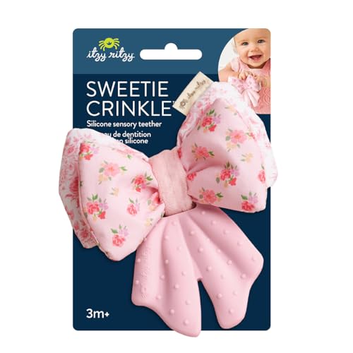 Image of Itzy Ritzy Crinkle Teether Toy - Bow Teething Toy Includes Silicone, Velour & Crinkle Material - Features Multiple Textures for Teething Relief - Designed for Ages 3 Months and Up (Bows)