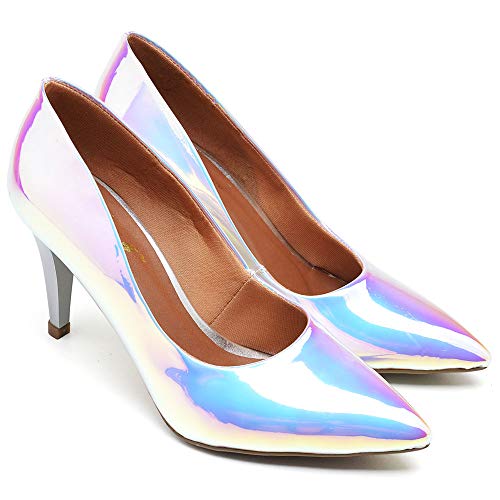 Scarpin Feminino Holográfico Salto Médio Conforto Ellas Online