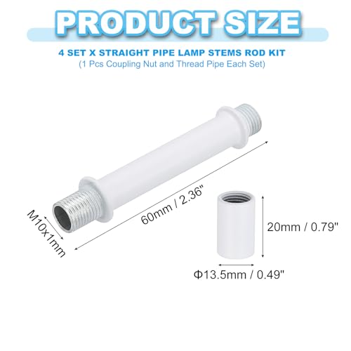 Image of PATIKIL Straight Pipe Lamp Stems Rod Kit, 4Set M10 Carbon Steel 60mm(2.36 inch) Long Double End Thread Rod with Coupling Nuts Sleeve Connector for Table Lamps Chandeliers, White
