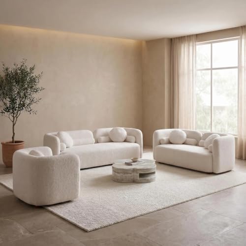 Image of 3 Piece Curved Loveseat Set for Living Room, Boucle Couch Set with 2 Modern 2-Seater Loveseats & Accent Chair, Deep Seat Conversation Seating for Apartment, Open Concept Spaces & Home Office