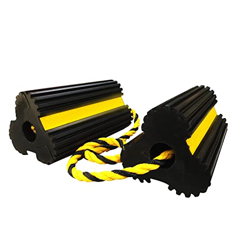 ROBLOCK Heavy Duty Wheel Chocks, Rubber Wheel Block Non-Slip Base with Nylon Rope Yellow Reflective Tape - 1 Pair Black, Wheel Stoppers for Travel Trailers, RV, Aircraft, Car, Camper, Truck by ROBLOCK - Used condition - US$27.26