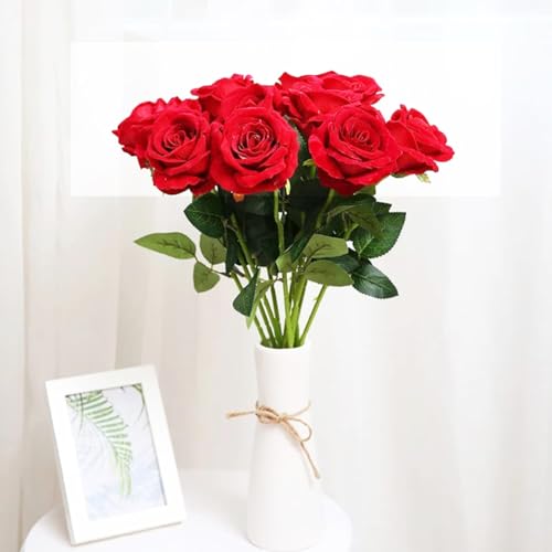 12PCS Artificial Rose Flowers Bouquet Long Stem Fake Rose Flowers Silk Realistic Blossom Rose Plants for Home Garden Wedding Office Decoration (Red) image 7
