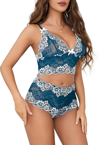 Image of Lilosy Sexy Lingerie for Women Lace Pajamas Set Cami Bra and Panty High Waist Sheer Sleepwear 2 Piece 2XS-6XL