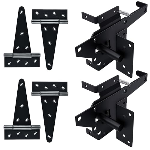 Yuluoxiang Kit de quincaillerie de portail autobloquant robuste et charnières en T, convient pour les portails en bois et en métal, serrure de portail et charnières pour clôture, jardin, piscine ou