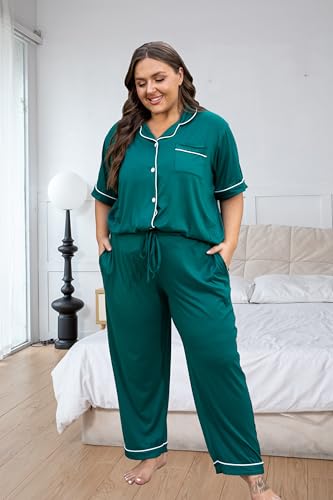 Image of Vozanet Women's Plus Size Pajamas Button Down Shirt and Pants Soft Lounge Sets Bride Nighty Bottom with Pockets 1x to 5x
