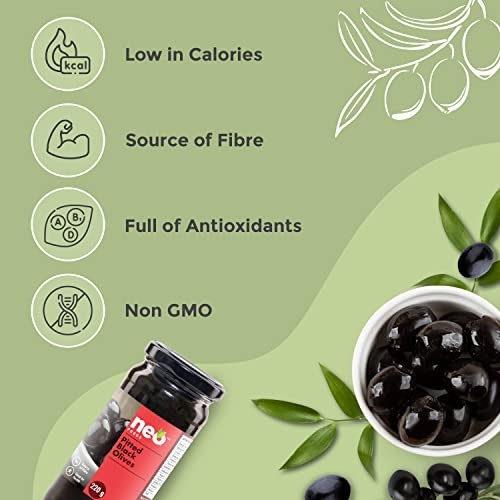 Image of Neo Pitted Black Olives 450g l 1 Jar l Low Fat Ready-to-Eat Healthy Snack, Source of Fibre l Enjoy as Topping for Pizza & Pasta l 450g
