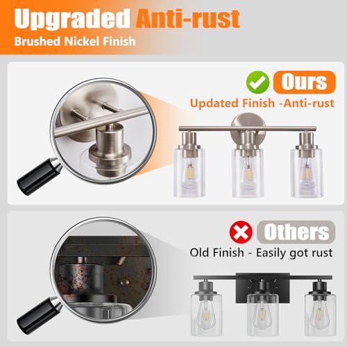 Image of DLLT 3-Light Bathroom Light Fixtures: Nickel Modern Vanity Lights with E26 Bulbs - Clear Glass Shade Bathroom Wall Lamp for Mirror Kitchen Living Room Hallway Cabinet Porch