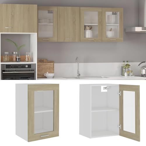 Fecpoo Armario de cristal colgante con puerta – Construcción robusta de vidrio de madera de 40 x 31 x 60 cm, roble Sonoma, almacenamiento de cocina