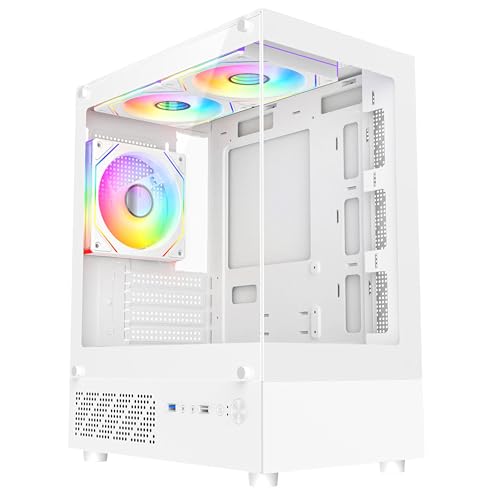CiT Celsius mATX Gaming PC Case – Panoramic Dual Tempered Glass - Including 3 x 120mm Infinity ARGB Fans, 6-Port PWM Hub - AIO Liquid Cooling Support - USB 3.0, USB 2.0, HD Audio | White