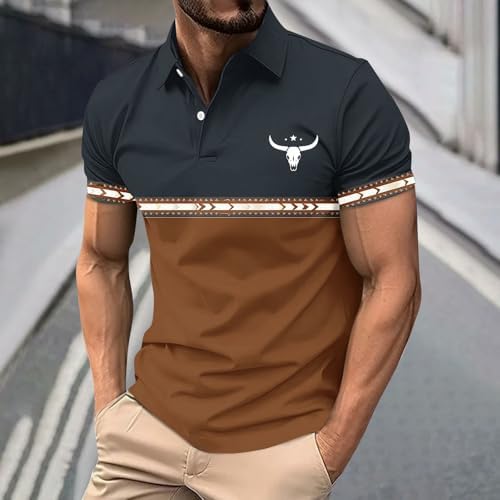 Men's Western Bull Print Shirts Color Block Collared Henley Short Sleeve Shirt Casual Summer Tops for Golf & Daily Wear Brown - 1