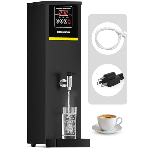 XQSHUNFUN Commercial Hot Water Dispenser 12.68 Qt (12L) Auto-Refill Plumbed-in Water Boiler 1500W Step-Heating 104F-212F Altitude Adaptive & C/F Switchable 17 GPH Flow Rate Glossy Black
