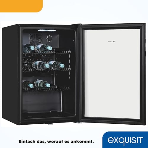 Exquisit Glastürkühlschrank GKS120-GT-160C schwarz | Nutzinhalt: 118 L | Türschloss | 3 Gitterablagen | Umluftventilator | Standgerät