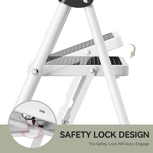 KINGRACK 2 Stufen Leiter, Trittleiter mit Handläufen, Stufenleiter, Klappleiter Tritthocker, Klapptritthocker für Erwachsene mit Griff, Haushaltsleiter Anti-Rutsch-stabilem und breitem Pedal, weiß