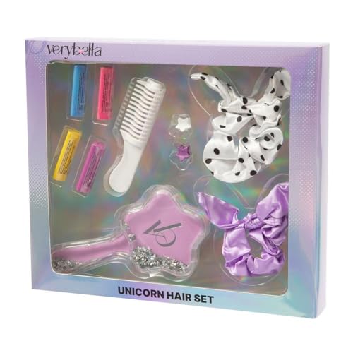 Verybella Unicorn Hair Set, Contains 2 Coloured Elastics, 1 Detangling Brush, 1 Comb, 2 Clips, 4 Hair Color Chalks for a Colourful Look - Image 2