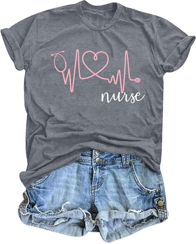 SFHFY Nurse Shirts for Women Heartbeat Shirt Nurse Letter Print Tshirt Nursing Life School Gift Cute Short Sleeve Tops Gray